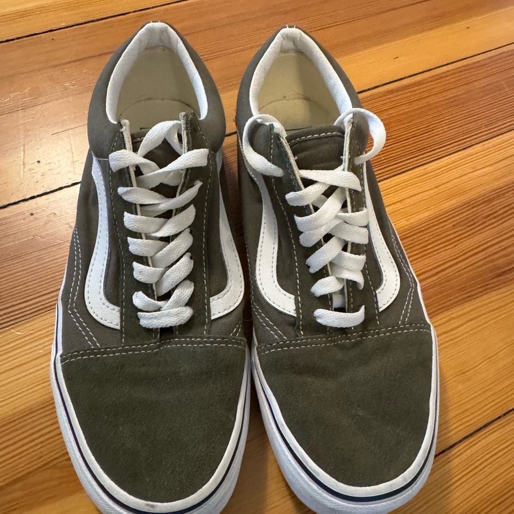 Vans Olive Green and White Men's Suede Sneakers